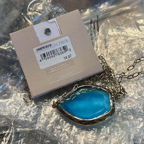 14th & Union 31" Necklace Blue Moonglow Glass Pendant Gold Tone Layering - Picture 4 of 4